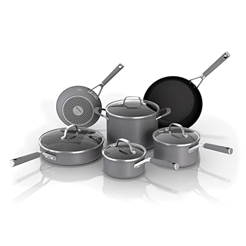 Ninja CW69010 NeverStick Comfort Grip 10-Piece Cookware Set, Nonstick, Durable, Scratch Resistant, Dishwasher Safe, Oven Safe to 400°F, Silicone Handles, Grey