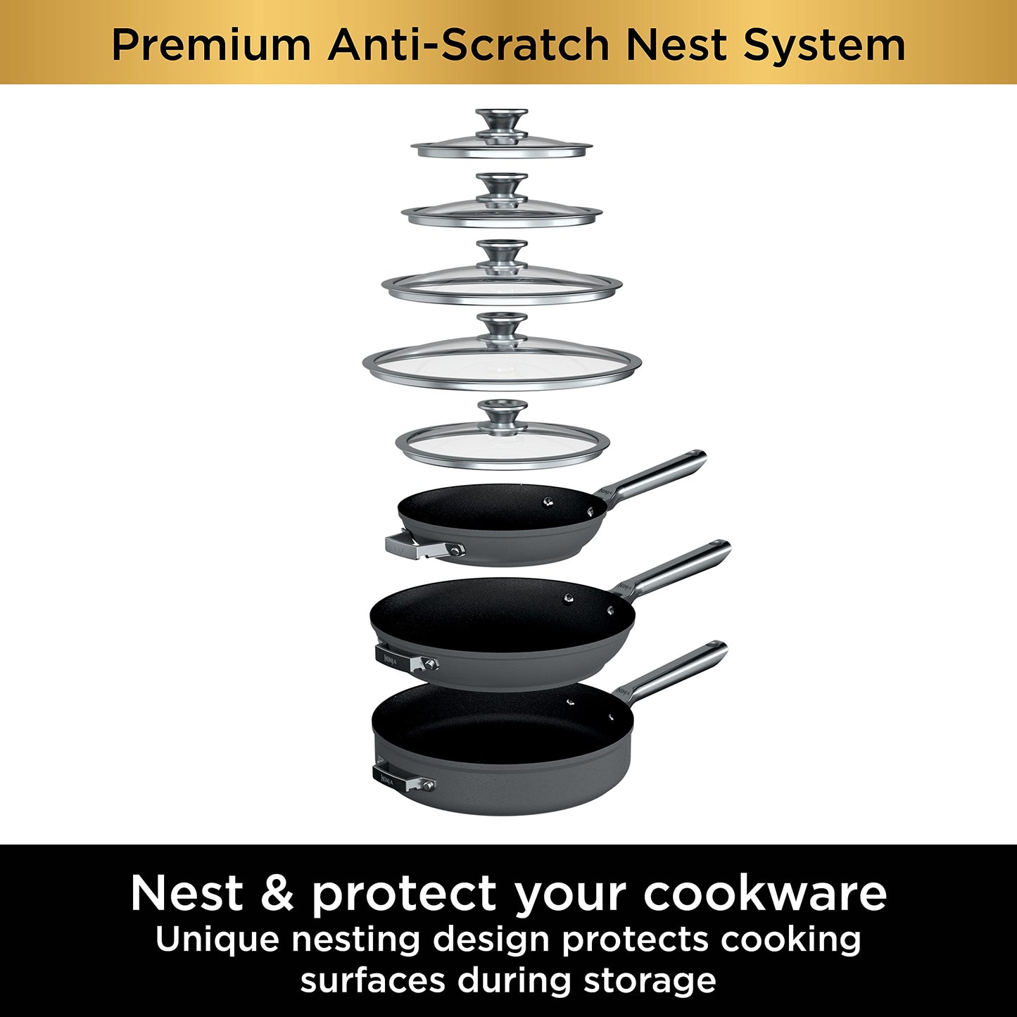 Ninja C52200 Foodi NeverStick Premium 2-Piece Fry Pan Set, Anti-Scratch Nesting Cookware, Hard-Anodized, Nonstick, Durable & Oven Safe to 500°F, Black